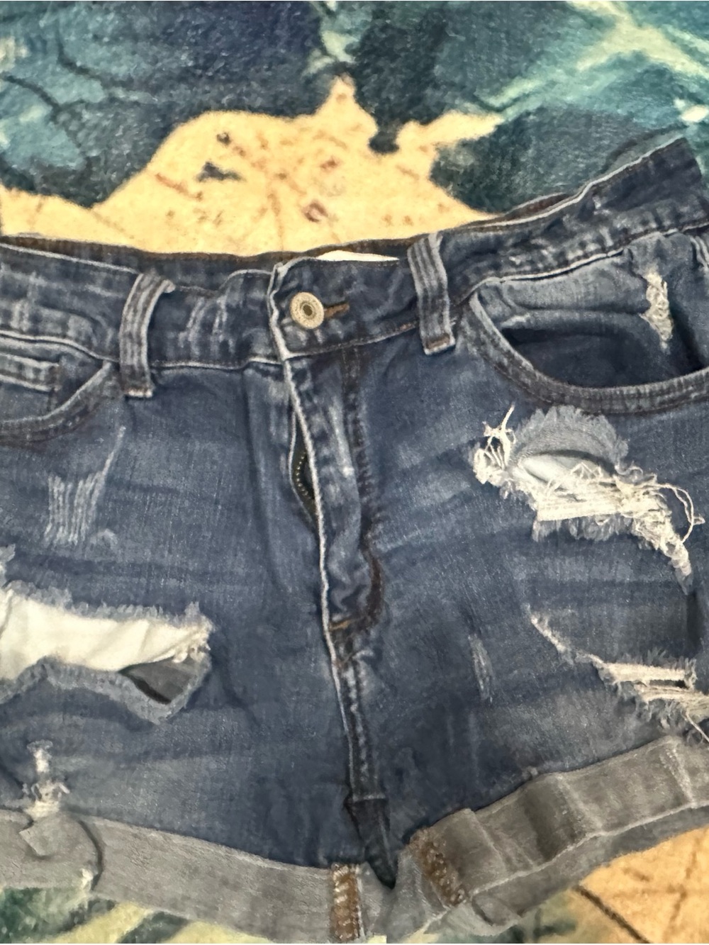 KanCan Mid-Blue Distressed Roll-Cuffed Denim Shorts